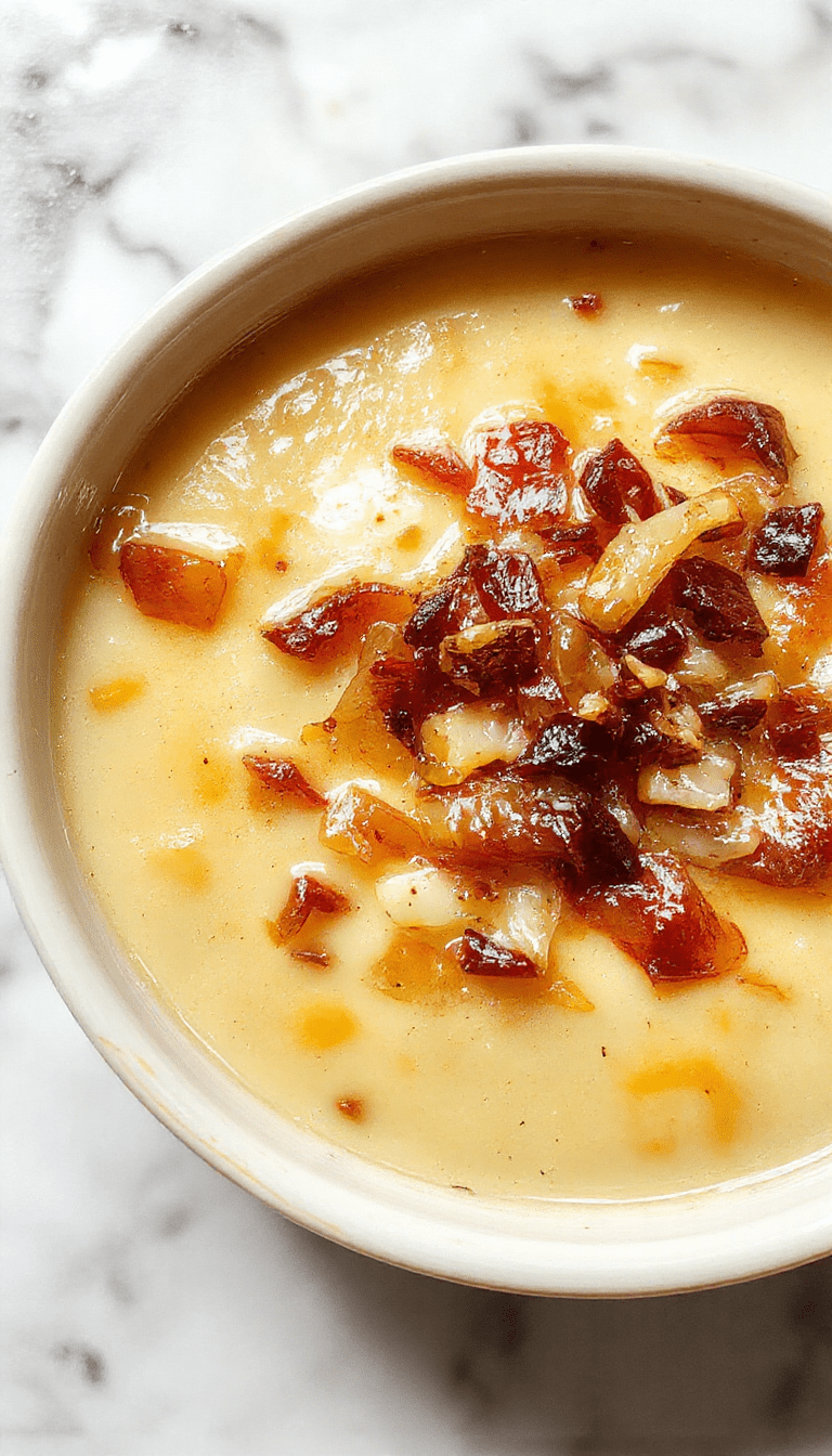 A steaming bowl of French onion soup topped with a golden-brown toasted baguette slice and melted Gruyere cheese, garnished with fresh thyme, served in a rustic ceramic bowl on a wooden table with caramelized onions and bubbling cheese texture visible.