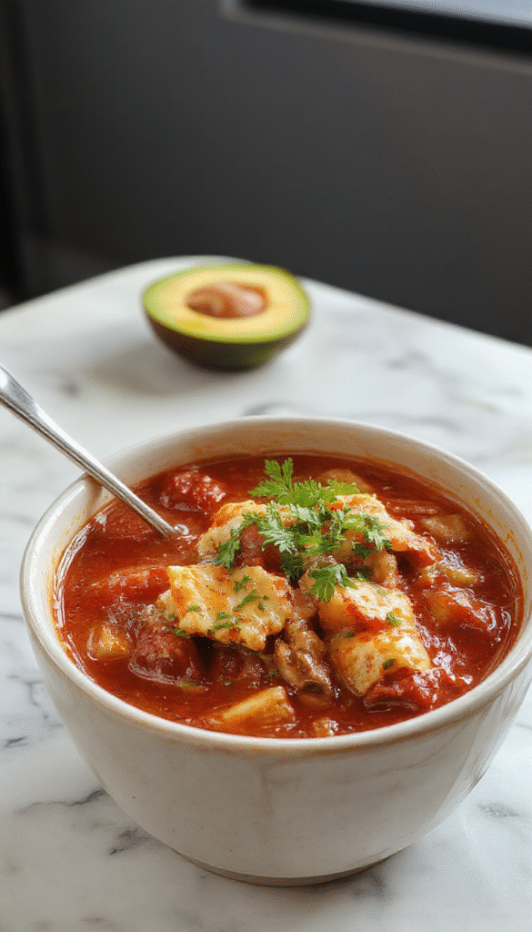 A vibrant bowl of Mexican birria stew with tender shredded beef, rich red broth, garnished with fresh cilantro, lime wedges, and warm corn tortillas on a rustic wooden table