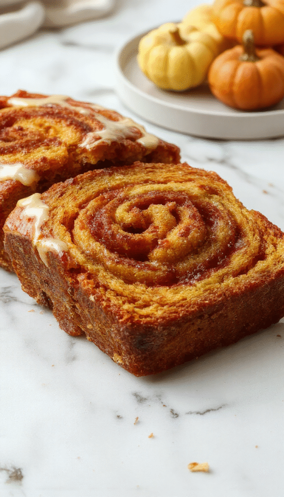 A slices of golden pumpkin bread with a cinnamon swirl, topped with a dusting of powdered sugar, arranged on a rustic wooden board with a cinnamon stick beside it, soft crumb and moist texture visible