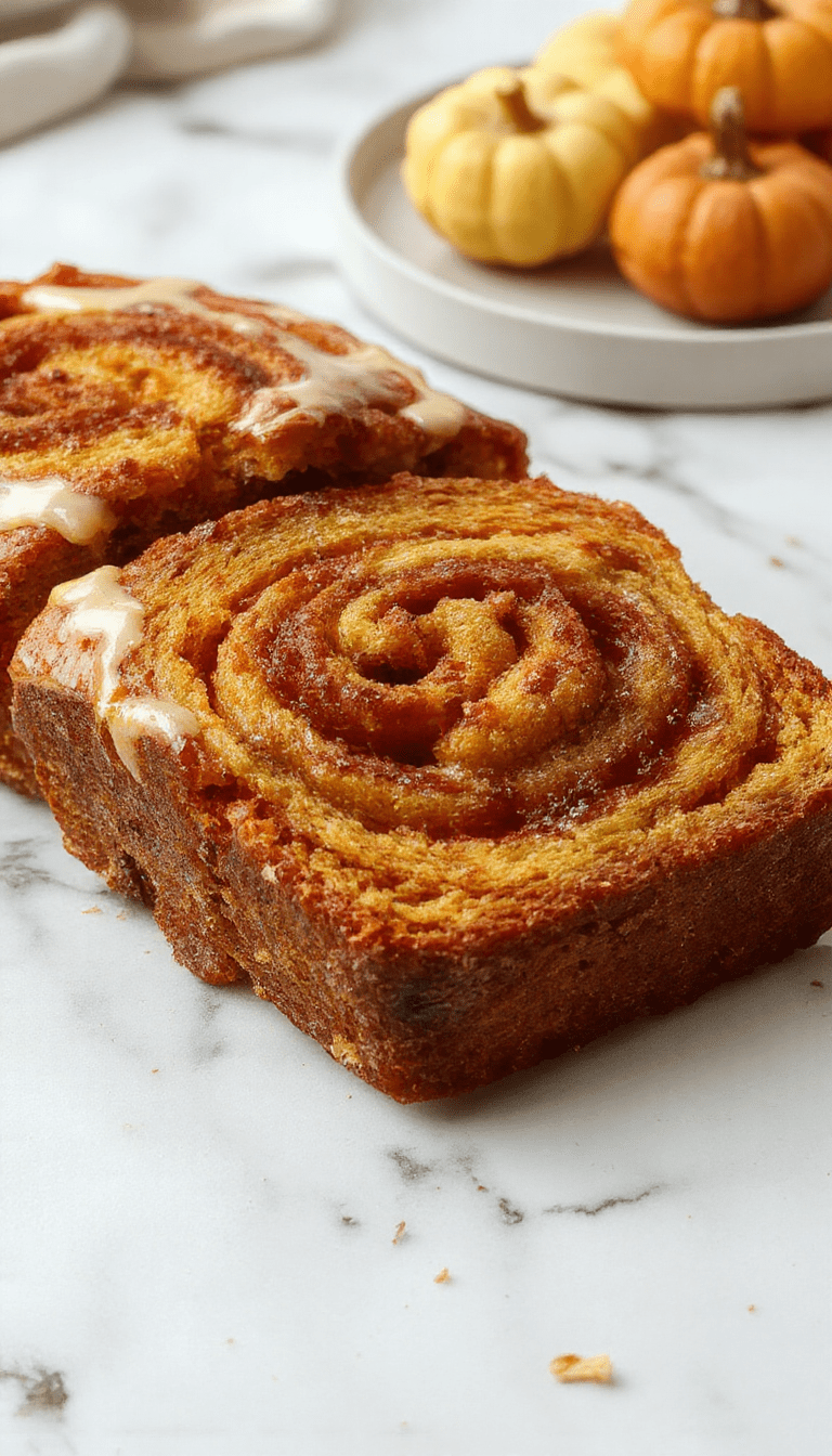 A slices of golden pumpkin bread with a cinnamon swirl, topped with a dusting of powdered sugar, arranged on a rustic wooden board with a cinnamon stick beside it, soft crumb and moist texture visible