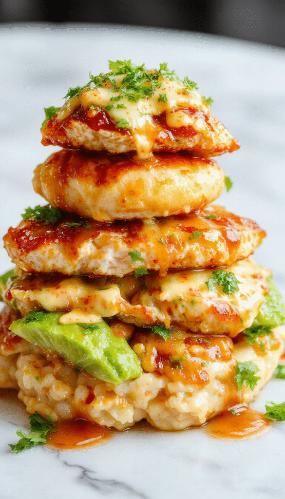 Colorful stacked dish featuring slices of golden grilled chicken glazed with honey and lime, topped with fresh green herbs. The rice layer shows a vibrant mixture of fluffy white rice blended with creamy avocado, garnished with lime wedges, cilantro, and sliced avocado, styled in a clean, modern presentation on a rustic wooden platter.