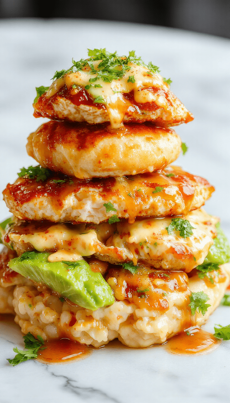 Colorful stacked dish featuring slices of golden grilled chicken glazed with honey and lime, topped with fresh green herbs. The rice layer shows a vibrant mixture of fluffy white rice blended with creamy avocado, garnished with lime wedges, cilantro, and sliced avocado, styled in a clean, modern presentation on a rustic wooden platter.