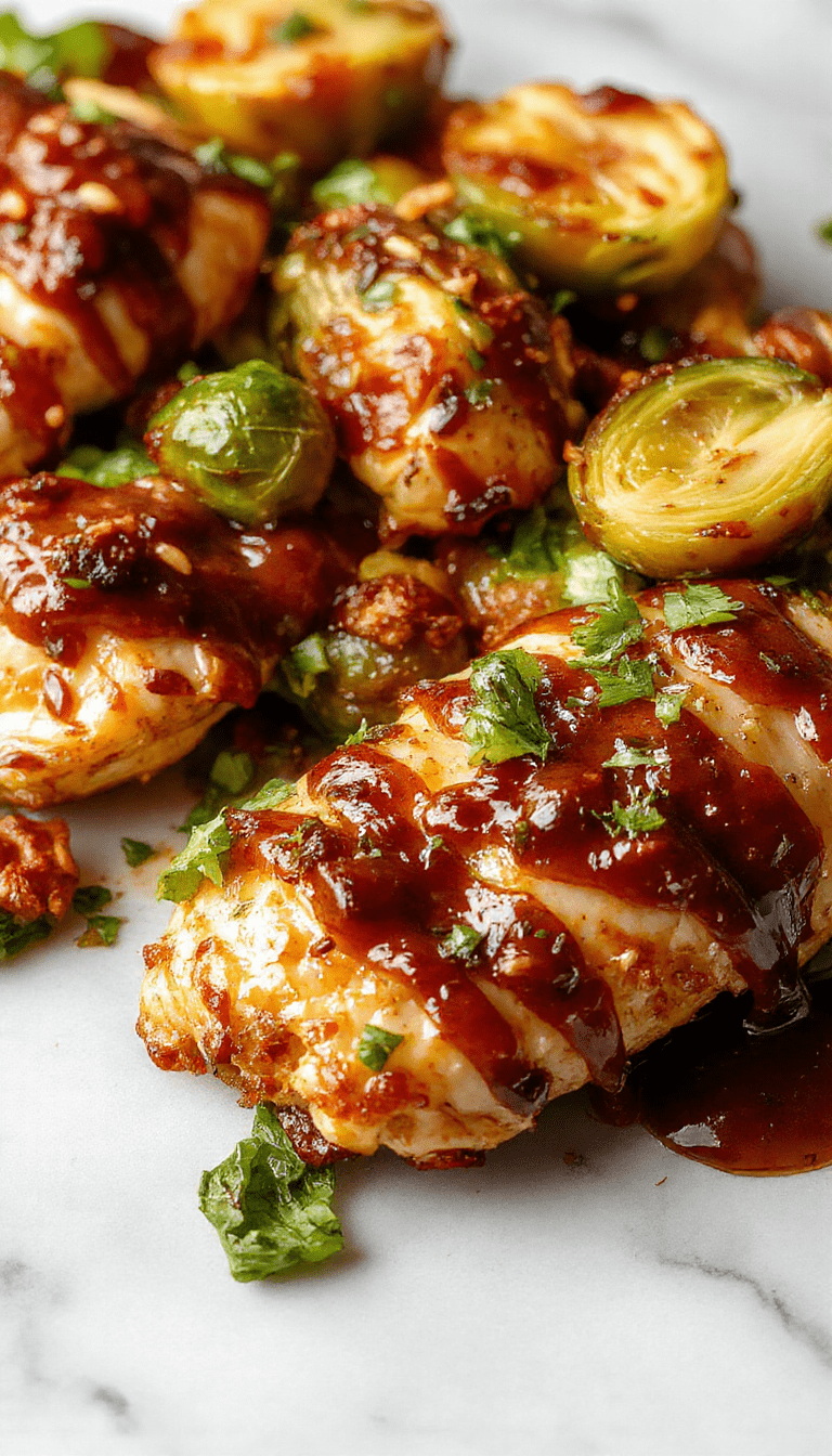 A vibrant plate featuring golden-brown crispy chicken glazed with glossy sweet chili sauce, surrounded by roasted Brussels sprouts with caramelized edges, all arranged on a white ceramic dish with fresh herbs for garnish, styled with colorful accents and a textured background.