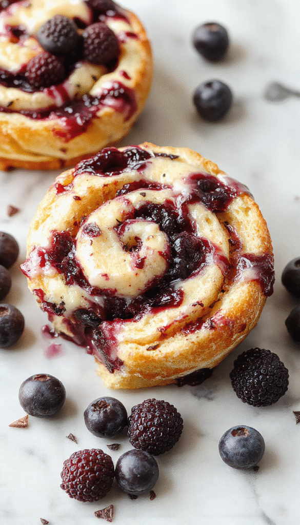 A golden-brown loaf of blueberry cream cheese bread sliced to reveal a swirled interior with vibrant blueberries and a creamy cream cheese filling, garnished with fresh blueberries on top, styled on a rustic wooden surface with a soft-focus background.