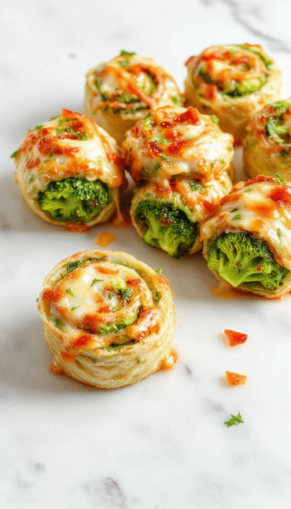 Colorful broccoli and melted cheese pinwheels arranged on a white plate, with golden crust and green broccoli bits visible, styled with playful toddler-themed elements and a soft pastel background