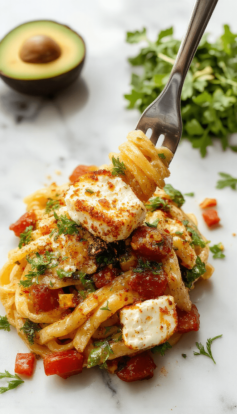 A vibrant plate of veggie pasta featuring spiralized zucchini, cherry tomatoes, and spinach, topped with golden baked feta cheese. The dish is garnished with fresh basil leaves and drizzled with olive oil, showcasing bright colors, fresh textures, and an appetizing presentation on a rustic wooden table.
