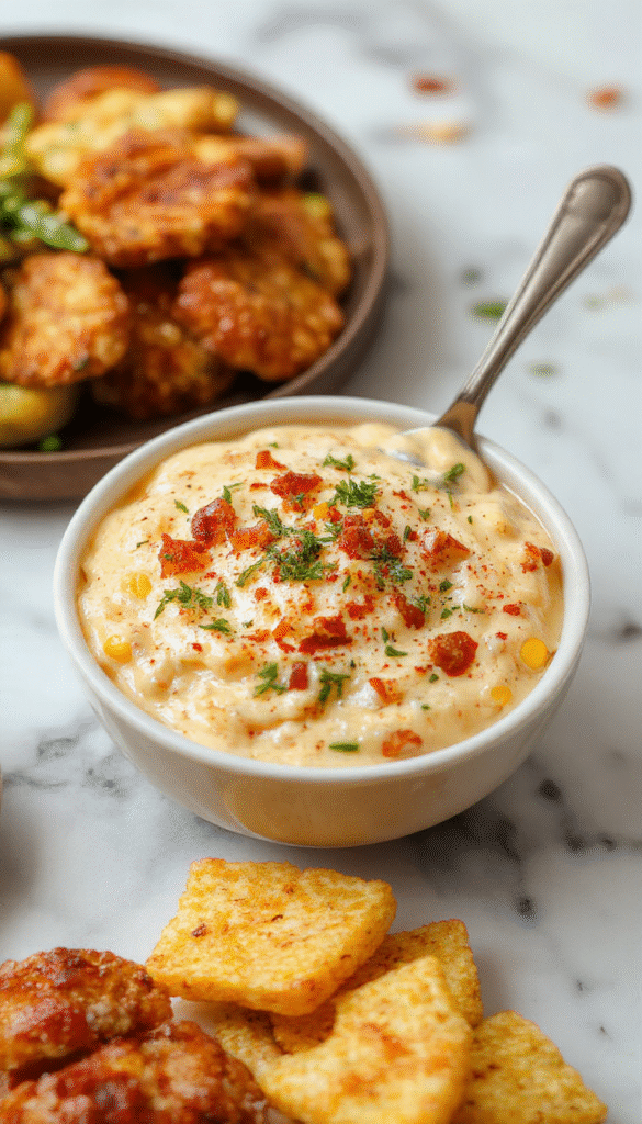 A vibrant bowl of creamy Crack Corn Dip garnished with chopped herbs, bright yellow corn kernels, and crispy tortilla chips arranged around it on a rustic wooden table, colorful slices of peppers and green onions decoratively sprinkled on top, with a textured backdrop highlighting the rich, cheesy texture of the dip.
