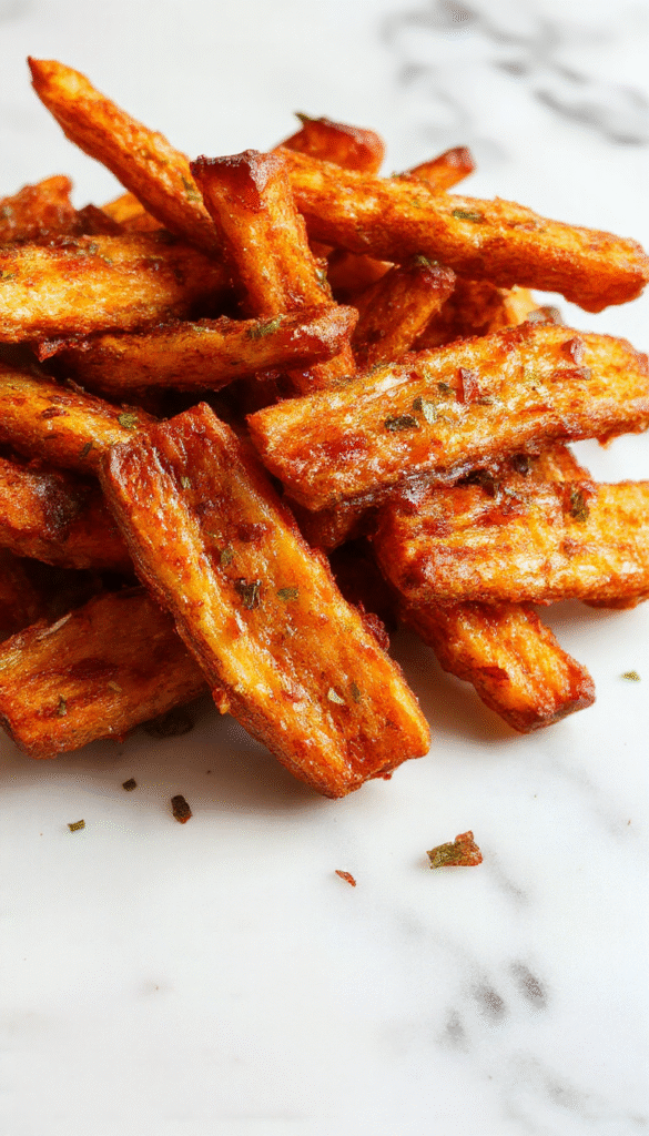 A vibrant plate of crispy oven baked sweet potato fries arranged on a rustic wooden table, garnished with fresh herbs, showcasing their golden-brown, crunchy exterior and tender interior with a hint of seasoning.