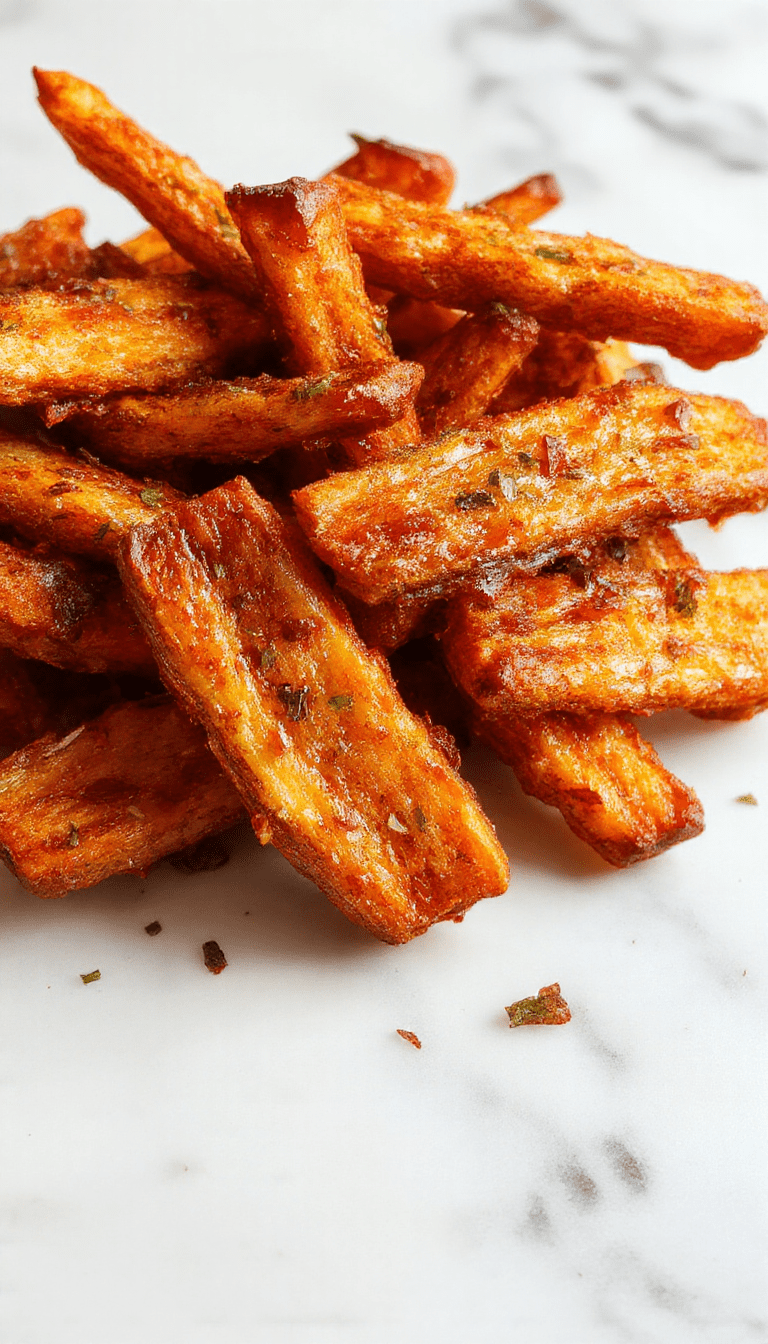 A vibrant plate of crispy oven baked sweet potato fries arranged on a rustic wooden table, garnished with fresh herbs, showcasing their golden-brown, crunchy exterior and tender interior with a hint of seasoning.
