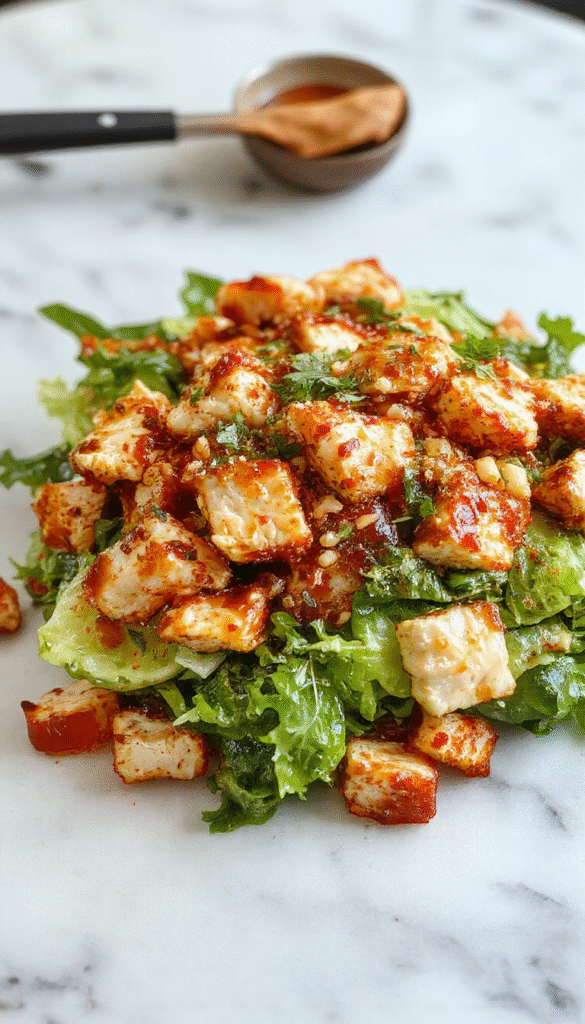 A vibrant Asian Chicken Crunch Salad served in a clear glass bowl, featuring colorful shredded cabbage, bright red bell peppers, crunchy nuts, sliced grilled chicken, and fresh herbs, all topped with sesame seeds and dressed in a glossy sesame-ginger sauce, vibrant and inviting