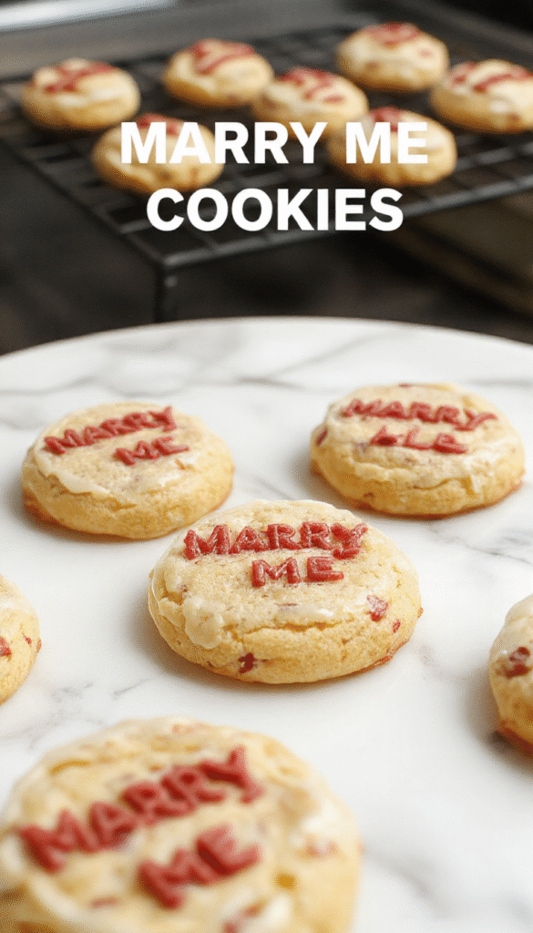 A close-up of golden-brown Marry Me Cookies arranged on a rustic wooden platter, featuring a crunchy exterior and a soft, chewy interior with chocolate chips visible, garnished with a sprig of fresh mint and a drizzle of chocolate sauce for an inviting look.