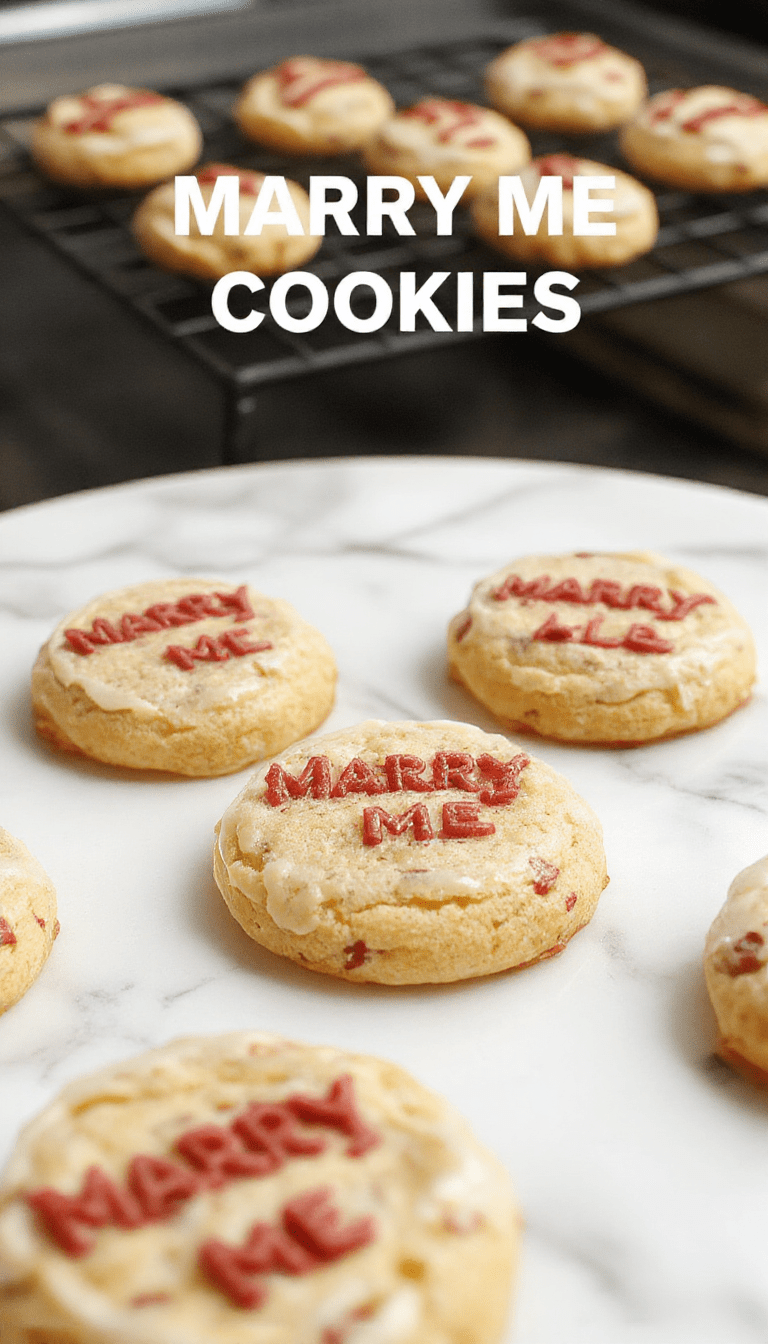 A close-up of golden-brown Marry Me Cookies arranged on a rustic wooden platter, featuring a crunchy exterior and a soft, chewy interior with chocolate chips visible, garnished with a sprig of fresh mint and a drizzle of chocolate sauce for an inviting look.