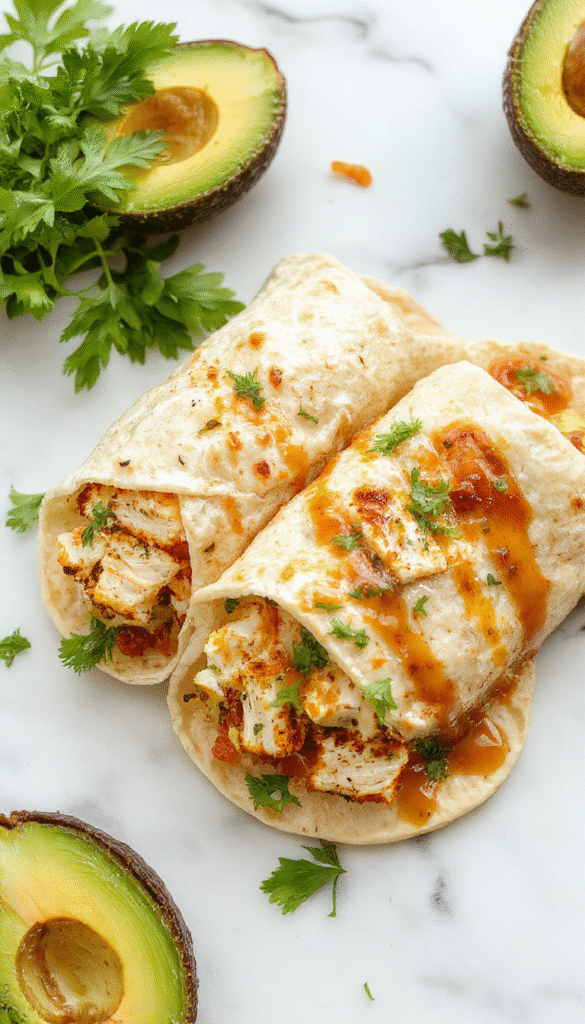 Colorful chicken avocado wraps arranged on a white plate with fresh greens and cherry tomatoes, showing crispy tortilla exterior, creamy avocado slices, juicy chicken pieces, and vibrant toppings, styled with herbs and a side of lime wedges, capturing a fresh, appetizing, and wholesome presentation.