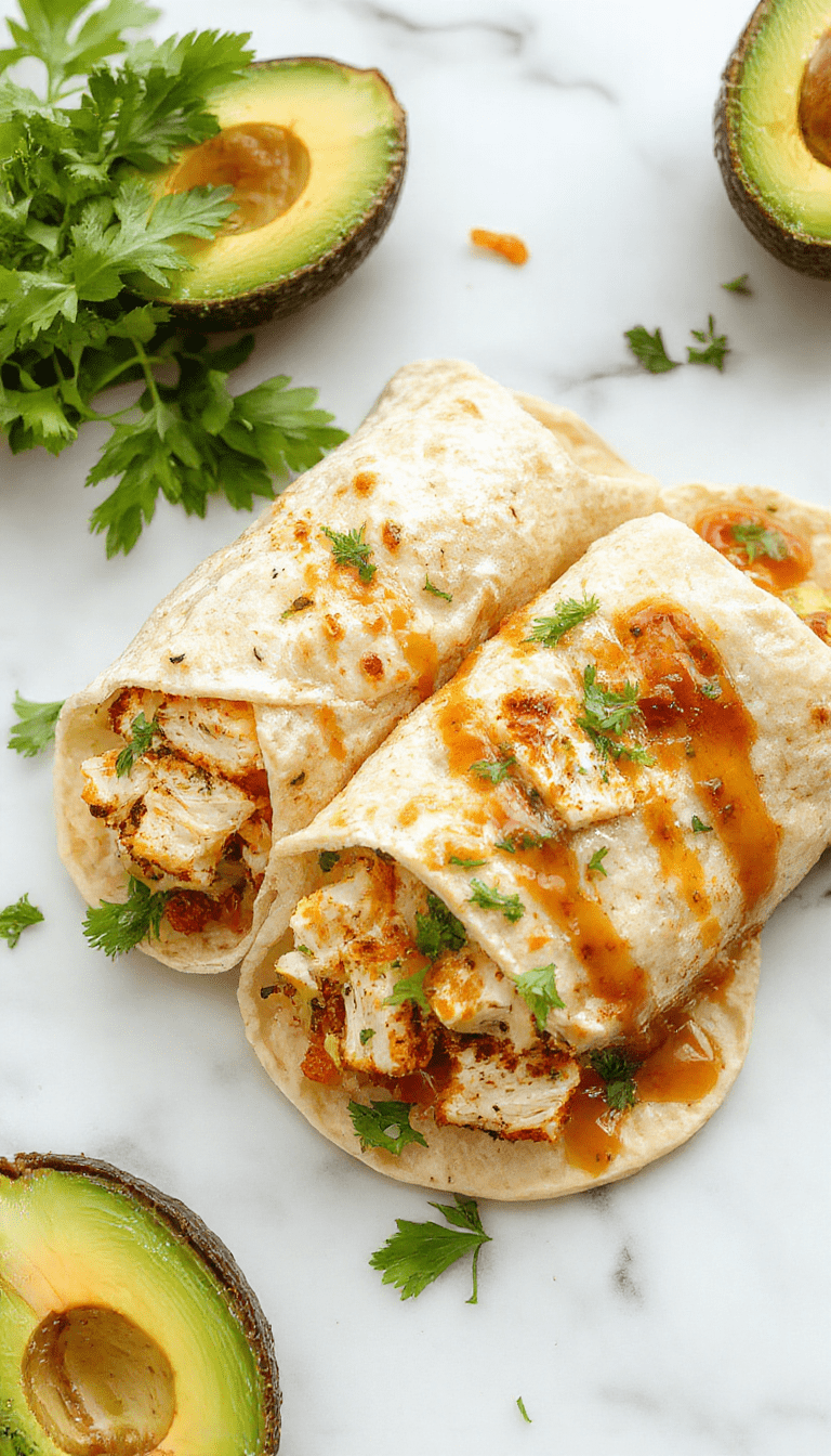 Colorful chicken avocado wraps arranged on a white plate with fresh greens and cherry tomatoes, showing crispy tortilla exterior, creamy avocado slices, juicy chicken pieces, and vibrant toppings, styled with herbs and a side of lime wedges, capturing a fresh, appetizing, and wholesome presentation.