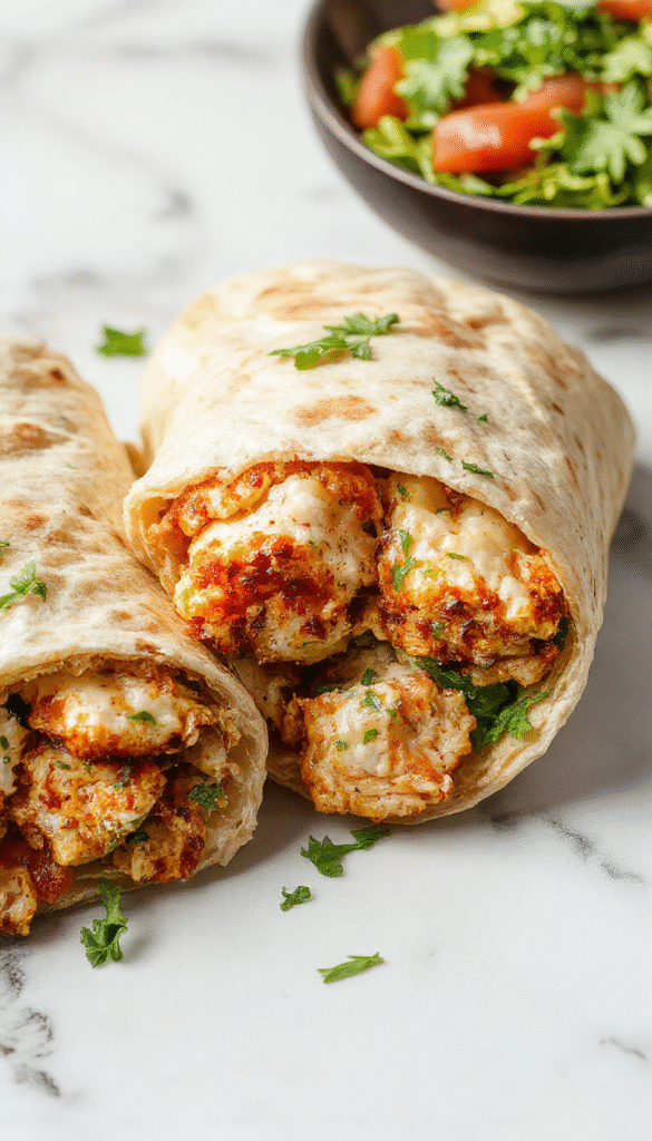 A vibrant chicken Caesar wrap sliced in half revealing fresh romaine lettuce, grilled chicken slices, creamy Caesar dressing, and grated Parmesan cheese all wrapped in a golden tortilla on a rustic wooden plate.