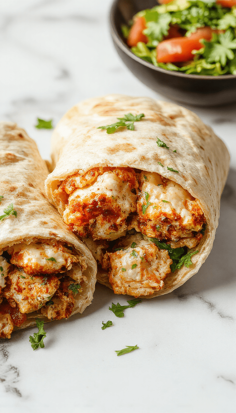 A vibrant chicken Caesar wrap sliced in half revealing fresh romaine lettuce, grilled chicken slices, creamy Caesar dressing, and grated Parmesan cheese all wrapped in a golden tortilla on a rustic wooden plate.