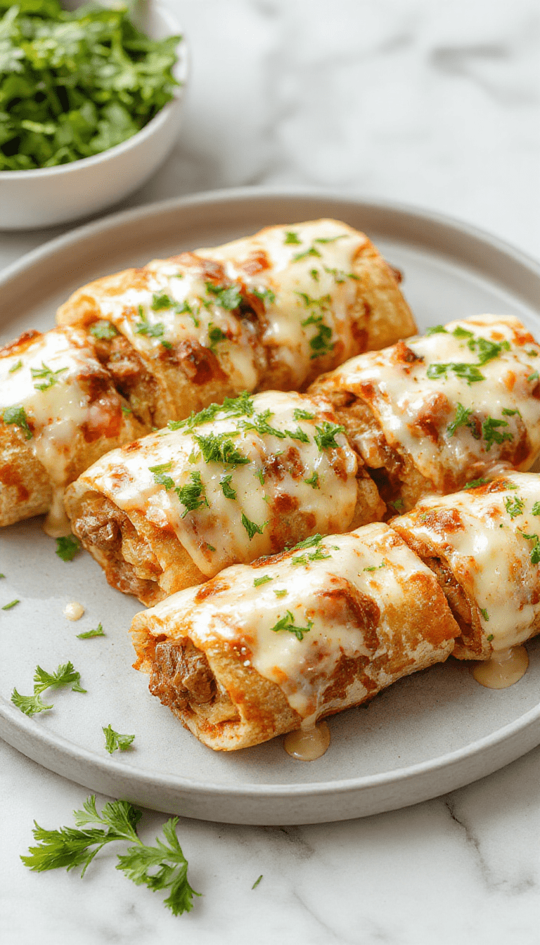 A close-up of golden-brown Philly cheesesteak rolls sliced open, revealing juicy beef, melted cheese, green peppers, and onions inside a crispy pastry crust, garnished with fresh herbs, styled on a rustic wooden board with a side of dipping sauce.