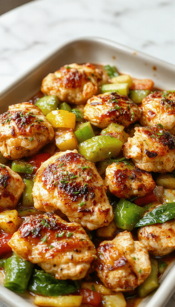 Colorful chicken fajitas arranged on a rustic white platter featuring sliced grilled chicken, vibrant red and green bell peppers, and caramelized onions, all drizzled with fresh lime juice and topped with chopped cilantro. The dish is styled with warm tortillas and garnished with lemon wedges, highlighting textures from tender chicken and crisp vegetables.