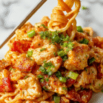 A vibrant plate of chicken chow mein featuring golden-brown stir-fried chicken strips, colorful vegetables, and chewy noodles garnished with green onions on a white ceramic plate.
