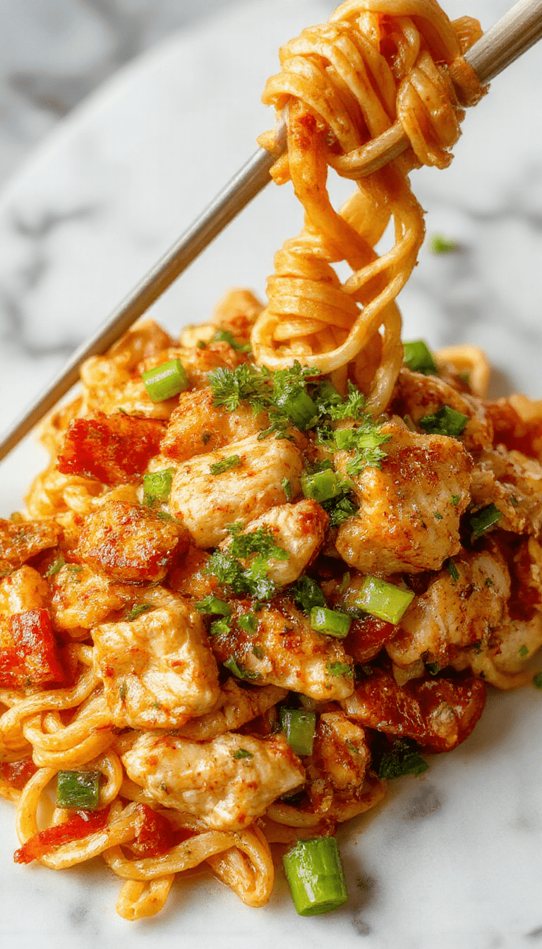 A vibrant plate of chicken chow mein featuring golden-brown stir-fried chicken strips, colorful vegetables, and chewy noodles garnished with green onions on a white ceramic plate.