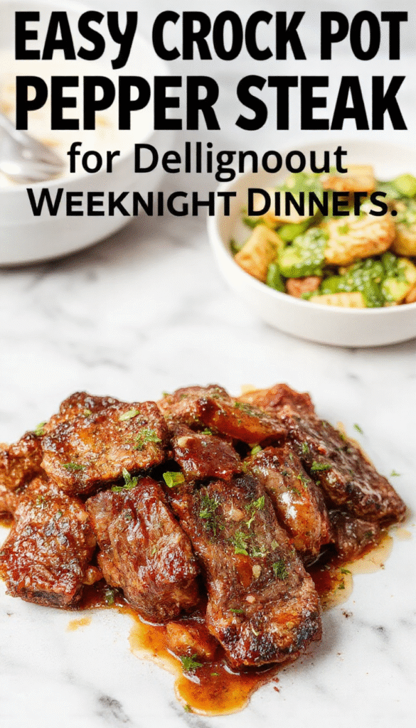 A hearty serving of pepper steak in a rustic white bowl, featuring tender beef strips coated in a glossy, savory sauce with slices of vibrant red and green bell peppers, all set against a wooden table with fresh herbs sprinkled on top, styled simply for an inviting, home-cooked look.