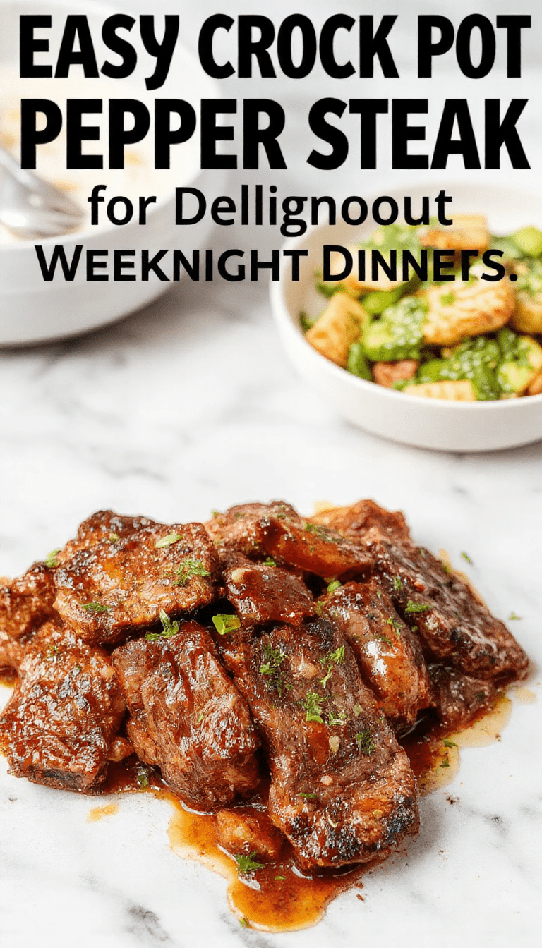 A hearty serving of pepper steak in a rustic white bowl, featuring tender beef strips coated in a glossy, savory sauce with slices of vibrant red and green bell peppers, all set against a wooden table with fresh herbs sprinkled on top, styled simply for an inviting, home-cooked look.