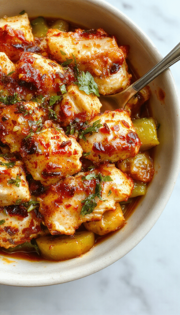 Colorful chicken fajita burrito bowl featuring grilled chicken strips, vibrant red and green bell peppers, and sliced onions on a bed of seasoned rice, topped with fresh cilantro and a dollop of sour cream, all arranged in a rustic bowl with a lively, inviting backdrop.