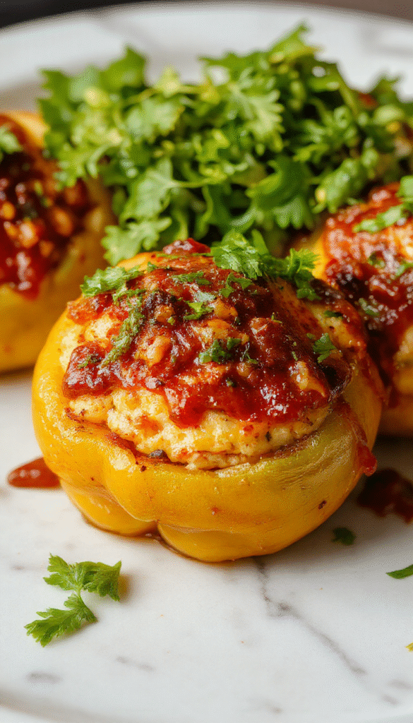 Colorful bell peppers filled with seasoned ground meat, melted cheese, and fresh toppings, plated on a rustic wooden surface with vibrant ingredients