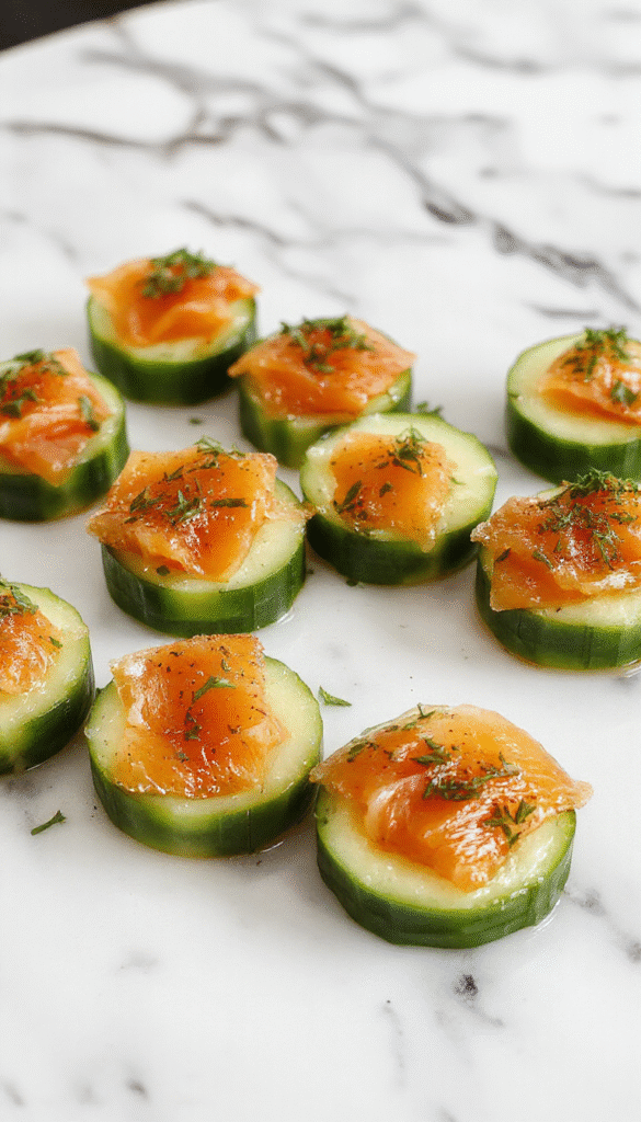 Colorful presentation of cucumber rounds topped with slices of smoked salmon, cream cheese dollops, fresh dill, and lemon zest, arranged on a white plate with a glossy finish, highlighting the vibrant green cucumber, pink smoked salmon, and fresh herbs, styled with a light sprinkle of black pepper and lemon wedges