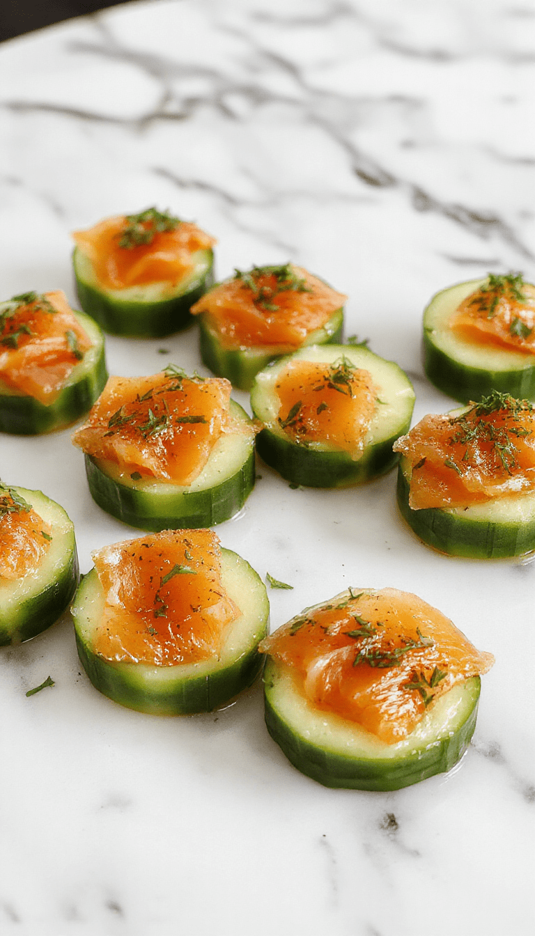 Colorful presentation of cucumber rounds topped with slices of smoked salmon, cream cheese dollops, fresh dill, and lemon zest, arranged on a white plate with a glossy finish, highlighting the vibrant green cucumber, pink smoked salmon, and fresh herbs, styled with a light sprinkle of black pepper and lemon wedges