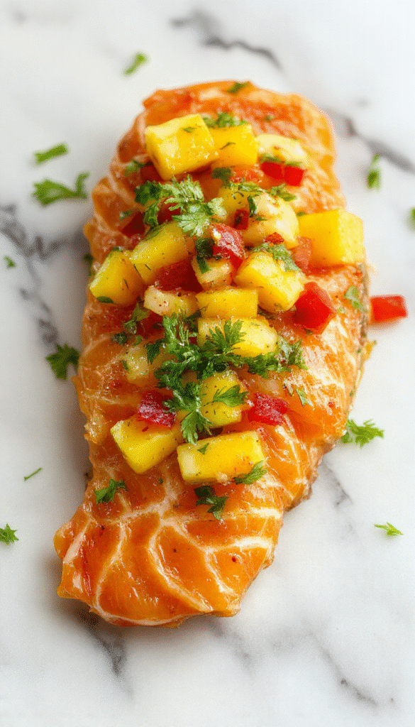 Colorful plate featuring grilled salmon topped with vibrant mango salsa, garnished with fresh herbs, served on a white ceramic plate with lime wedges and a side of greens, bright natural lighting highlighting the juicy mango, crispy fish skin, and fresh ingredients