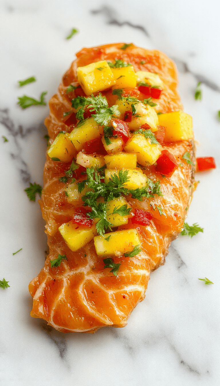 Colorful plate featuring grilled salmon topped with vibrant mango salsa, garnished with fresh herbs, served on a white ceramic plate with lime wedges and a side of greens, bright natural lighting highlighting the juicy mango, crispy fish skin, and fresh ingredients