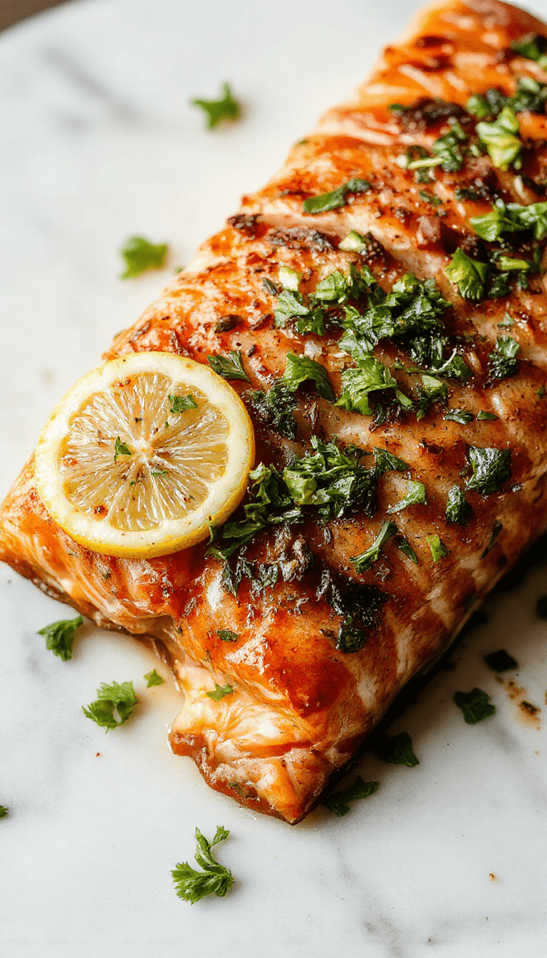 A perfectly cooked piece of salmon with a crispy golden crust, garnished with fresh lemon slices and vibrant green herbs on a white plate, surrounded by colorful vegetables, styled with a modern minimalist background and natural lighting emphasizing the crispy texture and fresh ingredients.