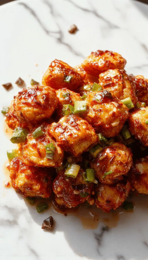 A vibrant plate of healthy sesame chicken featuring golden-brown, crispy chicken bites coated in a glossy sesame sauce, garnished with toasted sesame seeds and chopped green onions, arranged on a white ceramic plate with a side of steamed broccoli and fragrant jasmine rice, set against a rustic wooden table with natural lighting highlighting the textures and colors.