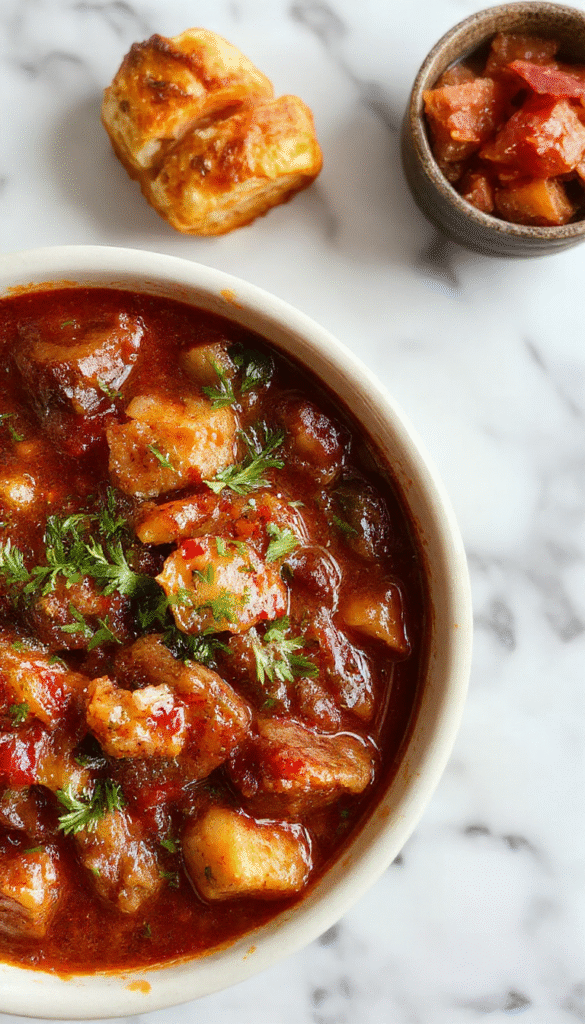 A rustic bowl of Crock Pot Poor Man's Stew featuring tender beef chunks, diced potatoes, carrots, and peas in a thick, savory broth. The stew is garnished with chopped parsley and served on a wooden table with a warm, inviting ambiance, showcasing a hearty, home-cooked meal.