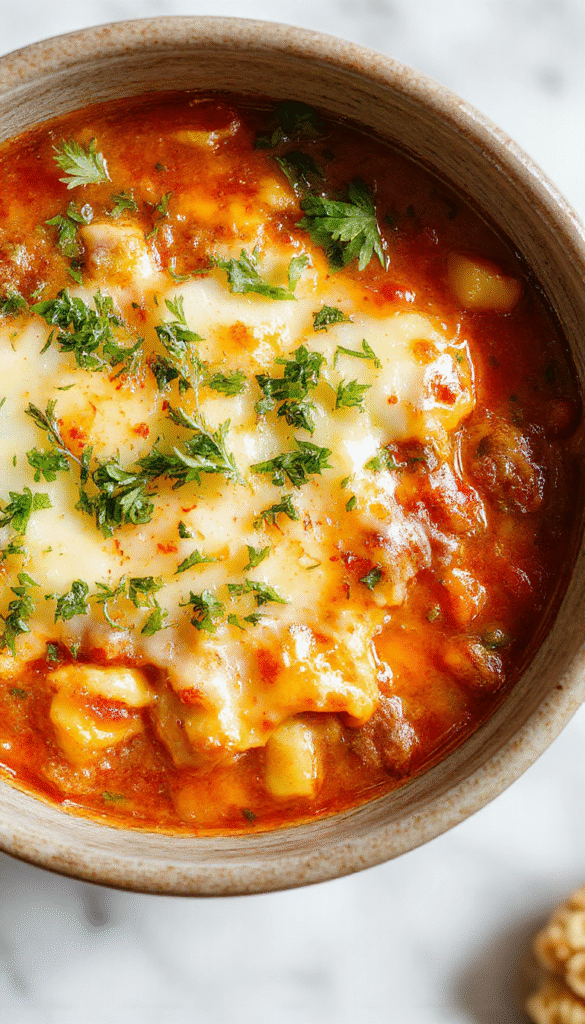 A vibrant bowl of lasagna soup featuring layers of melted cheese, ground beef, and fresh basil garnished with parmesan shavings, served steaming with a rich tomato broth and garnished with chopped herbs on a rustic wooden table