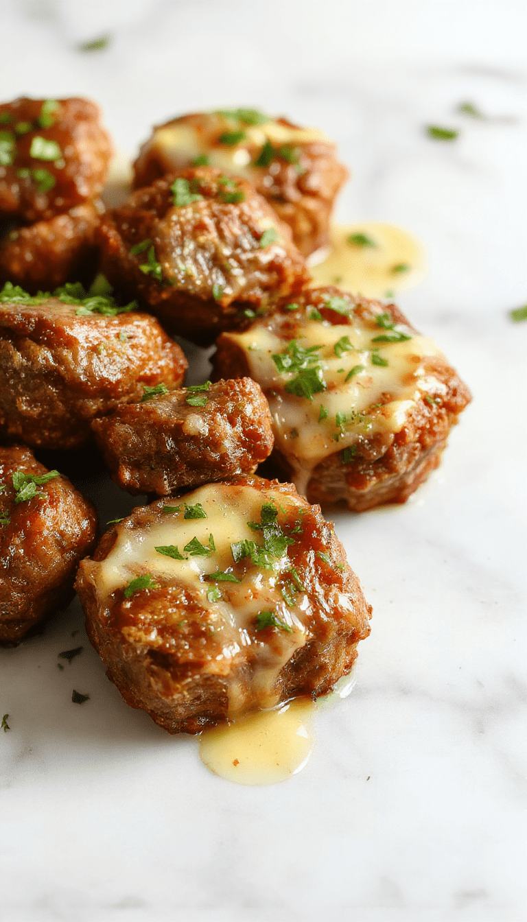 Close-up of tender beef bites glazed in garlic butter sauce, arranged in a rustic bowl. The beef has a glossy sheen with golden-brown edges, garnished with chopped parsley. The background features a wooden platter with garlic, fresh herbs, and a sprinkle of coarse salt, highlighting the savory, juicy texture and inviting aroma.