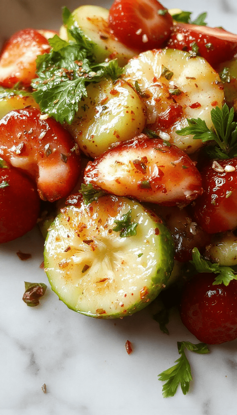 A vibrant salad featuring sliced bright red strawberries, crisp green cucumber rounds, and fresh mint leaves, drizzled with honey, arranged on a white plate with a rustic wooden table background, colorful and inviting.