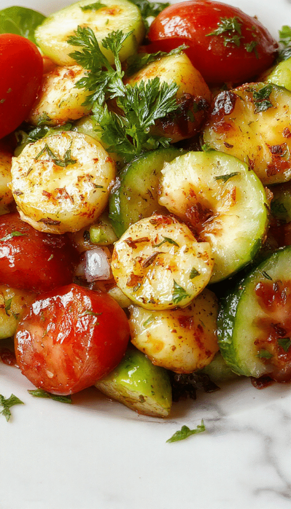 Vivid Mediterranean salad with freshly sliced cucumbers, ripe red tomatoes, and thinly sliced onions arranged in a white ceramic bowl. The colorful ingredients glisten with a light drizzle of olive oil, garnished with fresh herbs like parsley and oregano. The vibrant reds and greens pop against the neutral background, capturing a fresh, healthy, and inviting presentation.