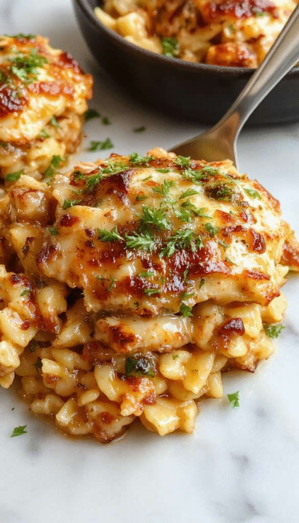A close-up of a golden-brown baked casserole topped with melted cheese and caramelized onions, with tender chicken pieces and orzo pasta visible, garnished with fresh herbs on a rustic wooden platter