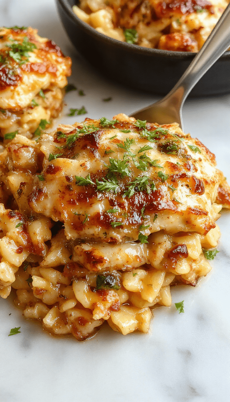 A close-up of a golden-brown baked casserole topped with melted cheese and caramelized onions, with tender chicken pieces and orzo pasta visible, garnished with fresh herbs on a rustic wooden platter