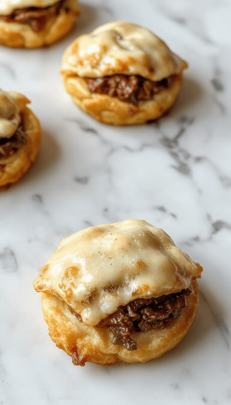 Golden brown puff pastry filled with tender pulled beef and melted cheese, garnished with fresh herbs. The puffs are stacked on a white plate with a flaky, crispy texture visible, and a sprig of parsley adds a vibrant green accents, set against a rustic wooden background.