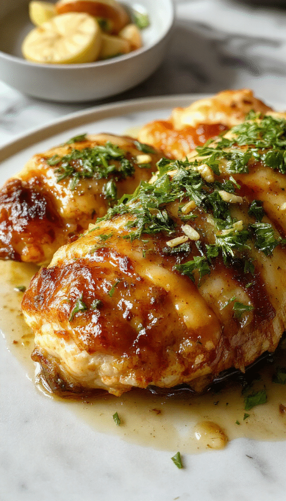 A vibrant plate of garlic butter chicken featuring golden-brown, glazed chicken breasts topped with fresh parsley and garlic, served alongside crispy roasted vegetables on a rustic wooden table, with a rich buttery sauce glistening under natural light.