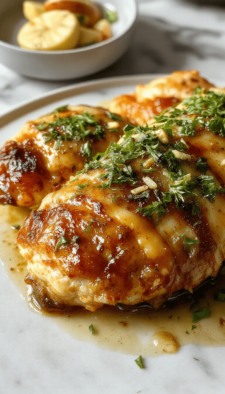 A vibrant plate of garlic butter chicken featuring golden-brown, glazed chicken breasts topped with fresh parsley and garlic, served alongside crispy roasted vegetables on a rustic wooden table, with a rich buttery sauce glistening under natural light.