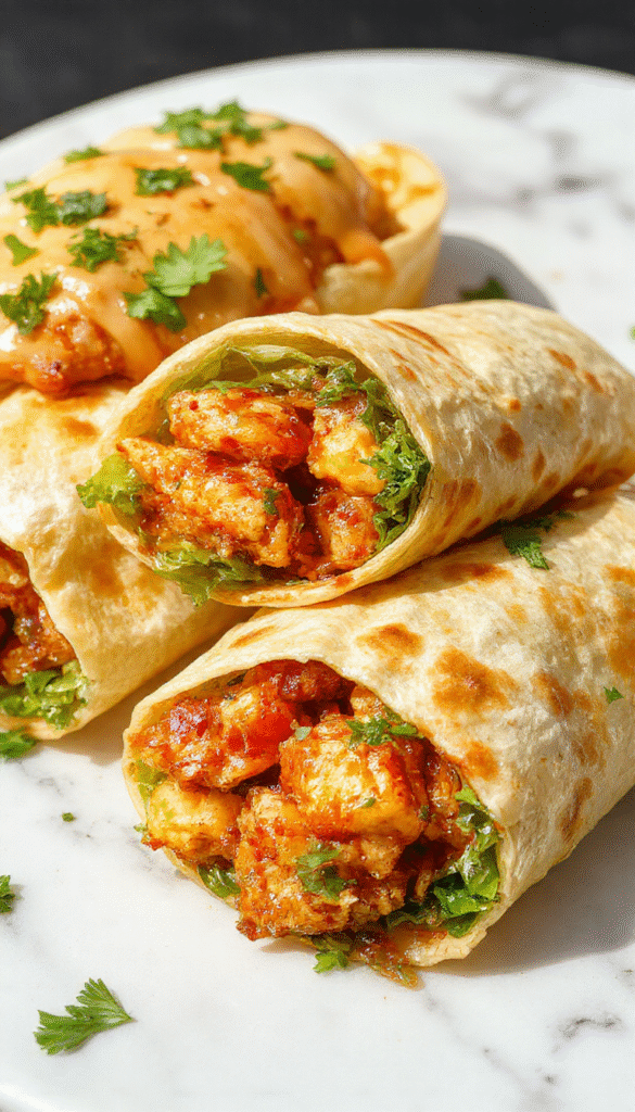 Colorful chicken wraps with vibrant red sweet chili sauce drizzled over crispy chicken slices, fresh cilantro, and crisp lettuce wrapped in soft tortillas, styled on a rustic wooden plate with a scattering of chopped herbs.
