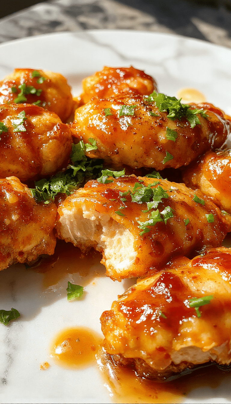 A close-up image of honey butter chicken plated elegantly on a white dish, featuring golden-brown crispy chicken glazed with glossy honey butter sauce, garnished with fresh herbs, with a soft-focus background of a rustic wooden table and side of mashed potatoes.