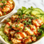 A vibrant plate featuring colorful Southwest Chicken Burrito Bowls with seasoned chicken, fresh avocado slices, black beans, corn, diced tomatoes, and shredded cheese, all arranged neatly on a rustic wooden table with a backdrop of lime wedges and spicy salsa, showcasing textures from moist chicken to crunchy vegetables and melted cheese.