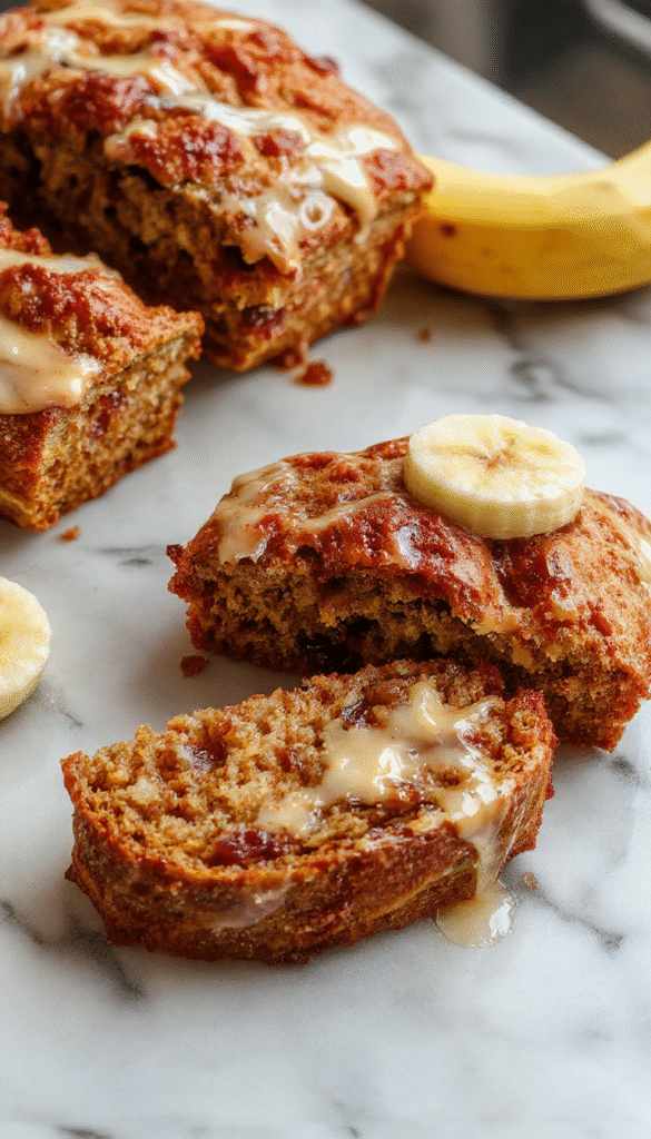 A sliced golden-brown banana bread loaf displayed on a rustic wooden board, topped with banana slices and a drizzle of honey, with a soft focus background of fresh bananas and a Scandinavian-style plate.