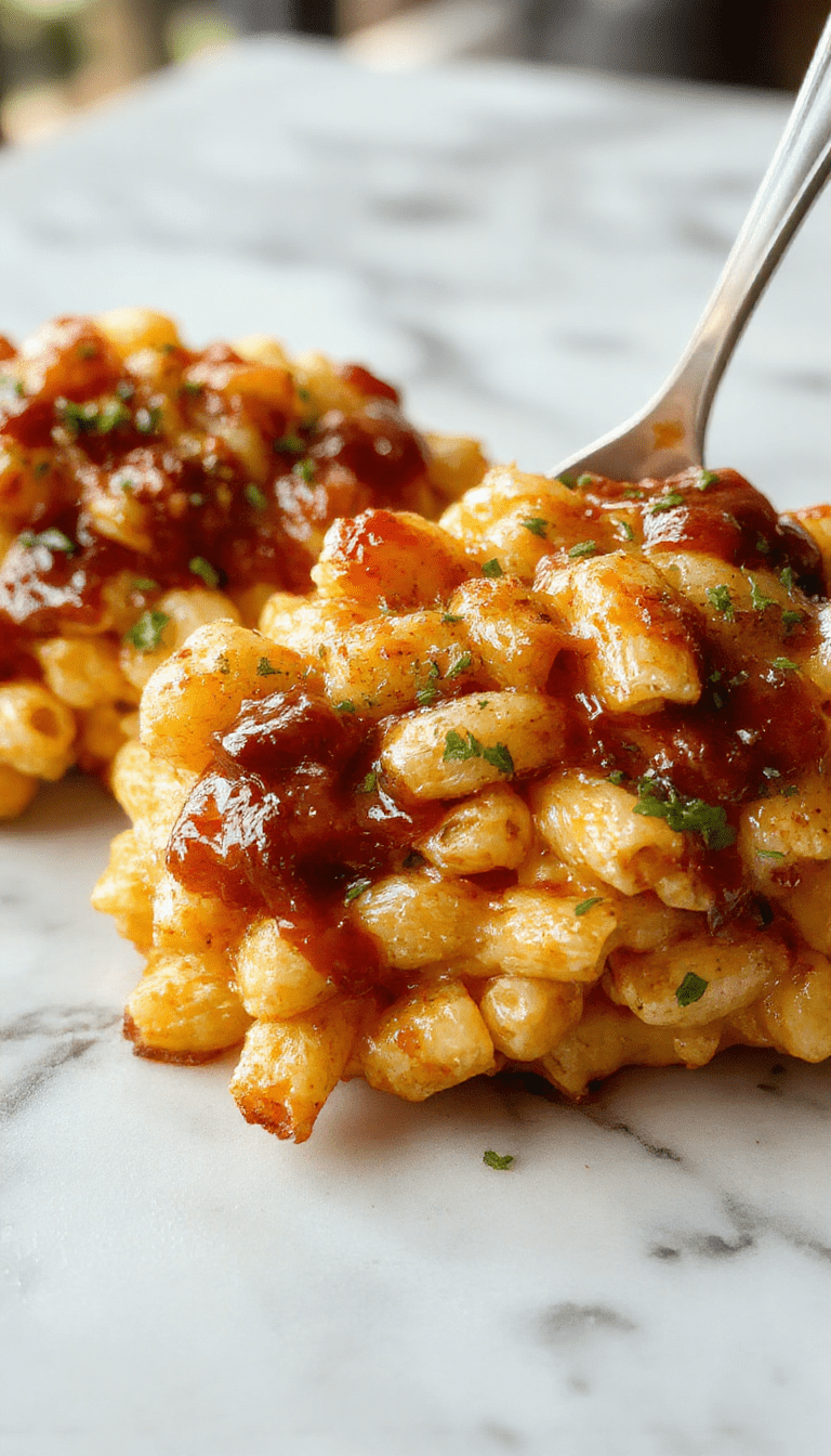 A vibrant bowl of creamy mac and cheese topped with golden grilled chicken pieces drizzled with honey BBQ sauce, garnished with chopped herbs, served on a rustic wooden table with cheesy strands and juicy chicken chunks in focus