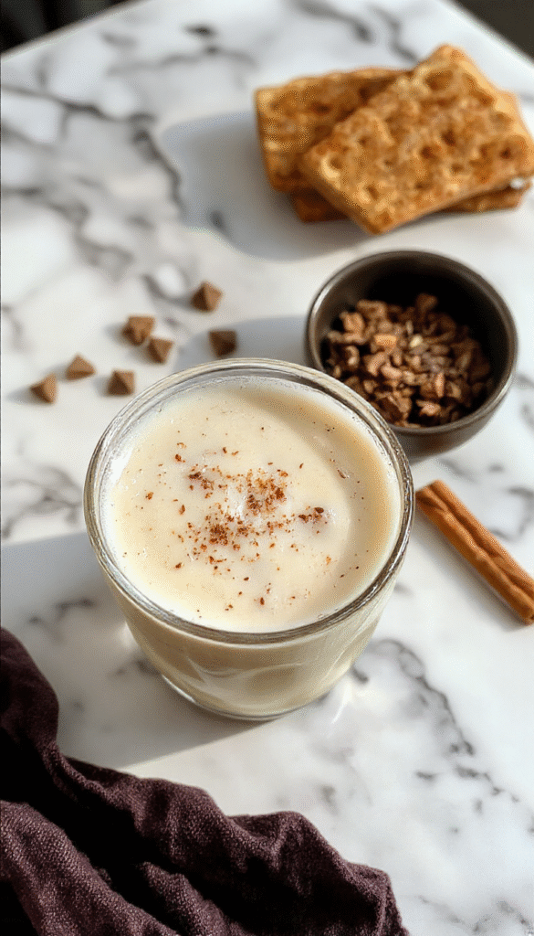 A steaming cup of vanilla cinnamon latte with swirls of cinnamon on top, placed on a rustic wooden table. The latte has a creamy foam with sprinkled cinnamon and vanilla bean pods beside the cup, styled with a cozy autumn backdrop including soft warm tones and subtle coffee shop ambiance.